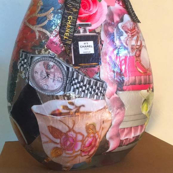 HAND CRAFTED Chanel Vase Decoupage Colorful Vintage Decor Floral Art - Picture 7 of 10